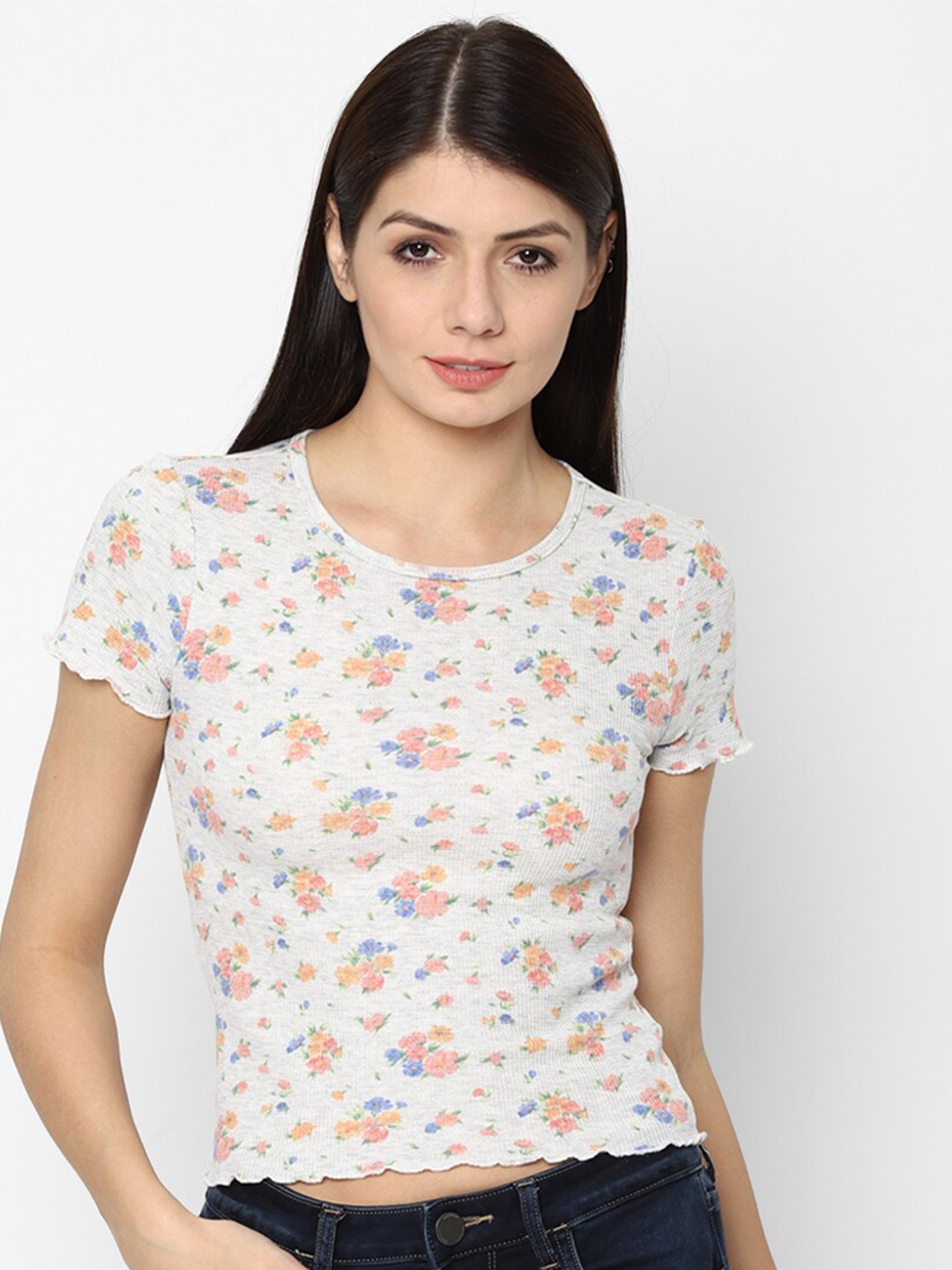 

AMERICAN EAGLE OUTFITTERS Woman Grey Floral Printed Raw Edge T-shirt