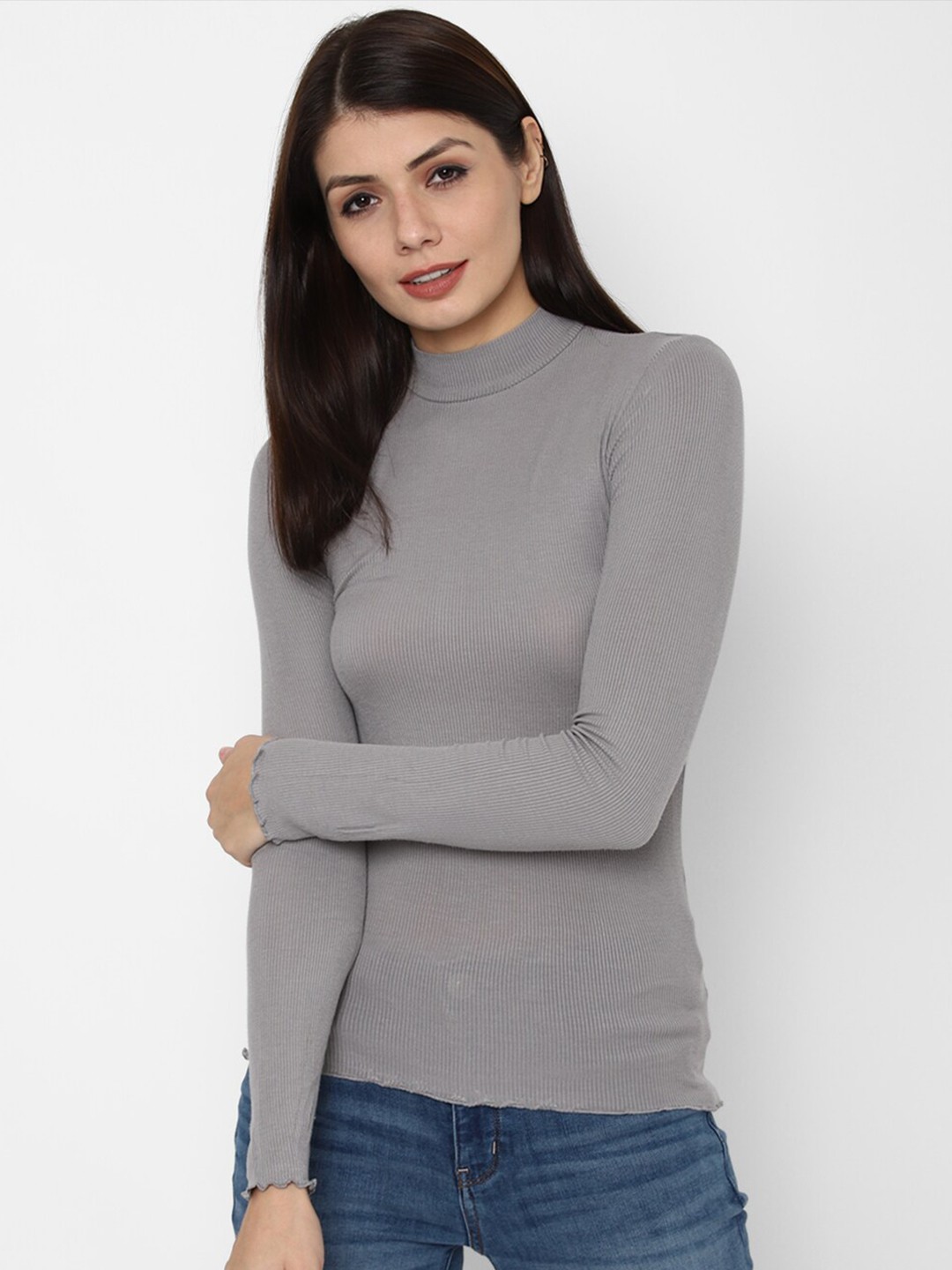 

AMERICAN EAGLE OUTFITTERS Women Grey High-Neck T-shirt