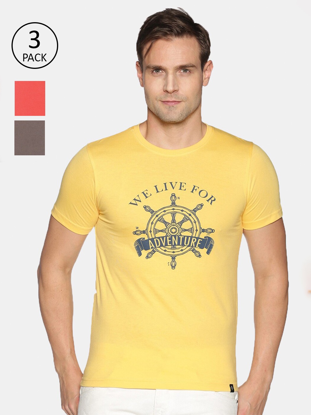

Dollar Men Pack Of 3 Yellow & Grey Typography Printed Cotton T-shirt
