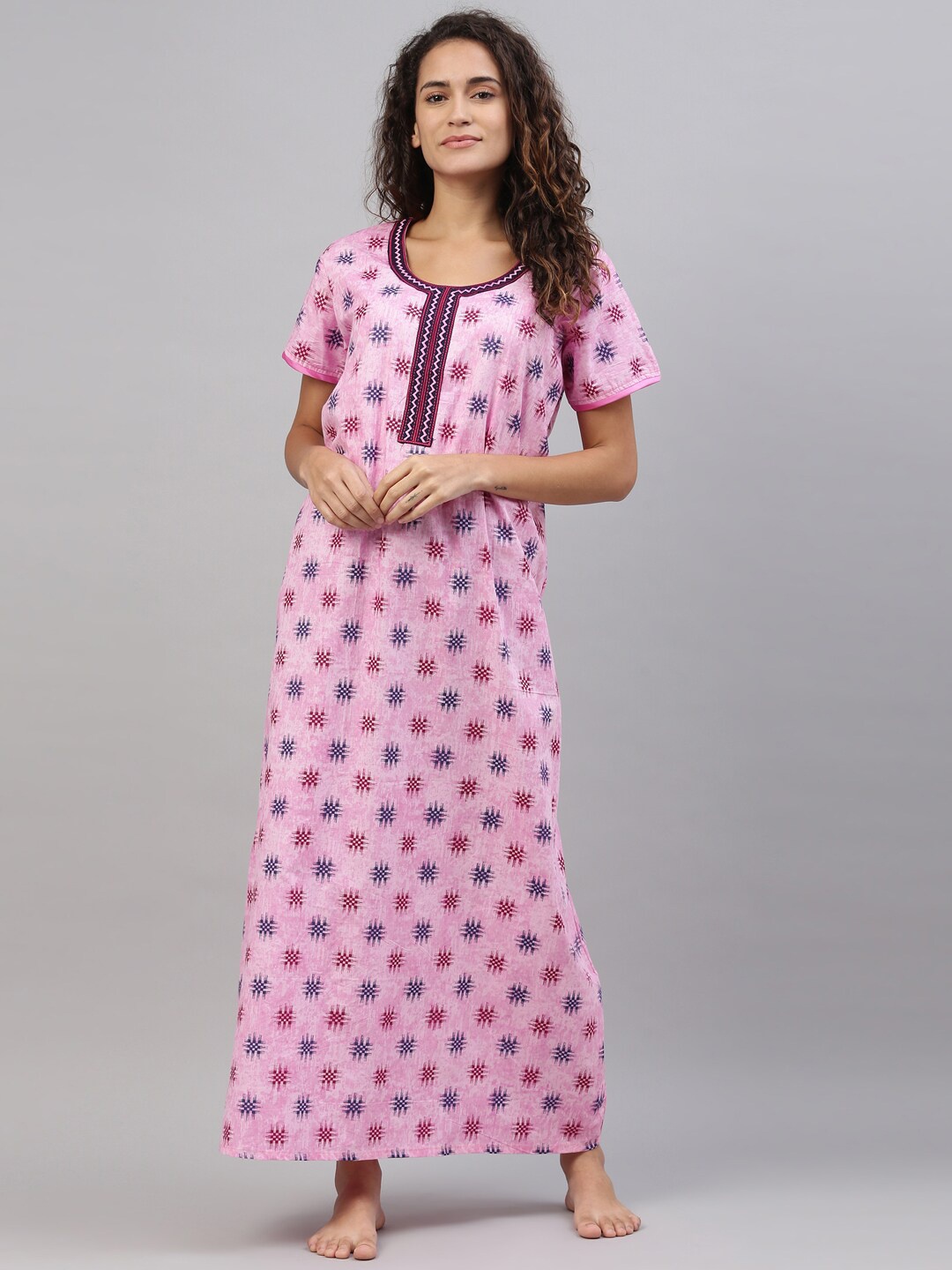 

TRUNDZ Pink Printed Pure Cotton Maxi Nightdress