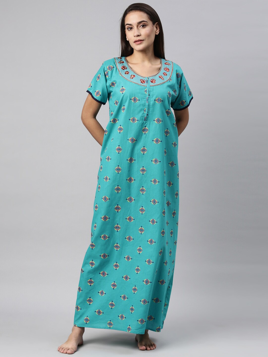 

TRUNDZ Blue Printed Pure Cotton Maxi Nightdress