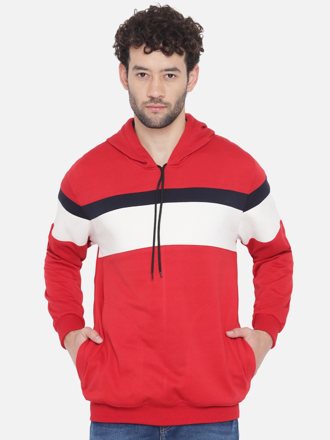 

ahhaaaa Men Red & White Striped Cotton Hooded Sweatshirt