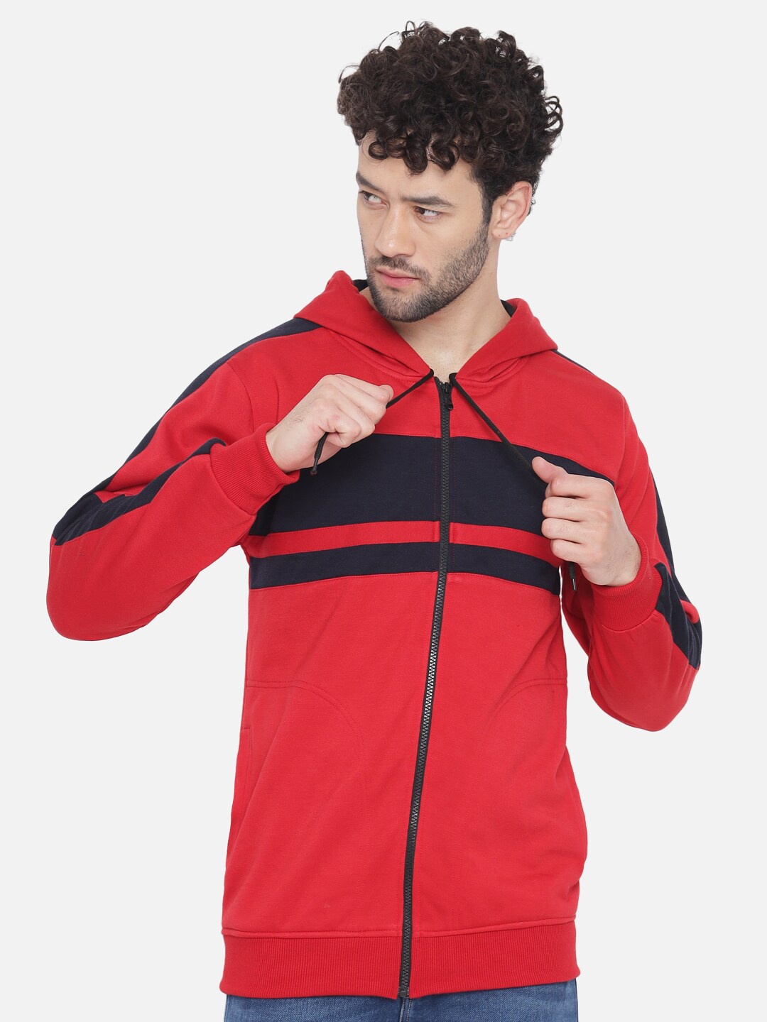 

ahhaaaa Men Red & Black Colourblocked Hooded Sweatshirt