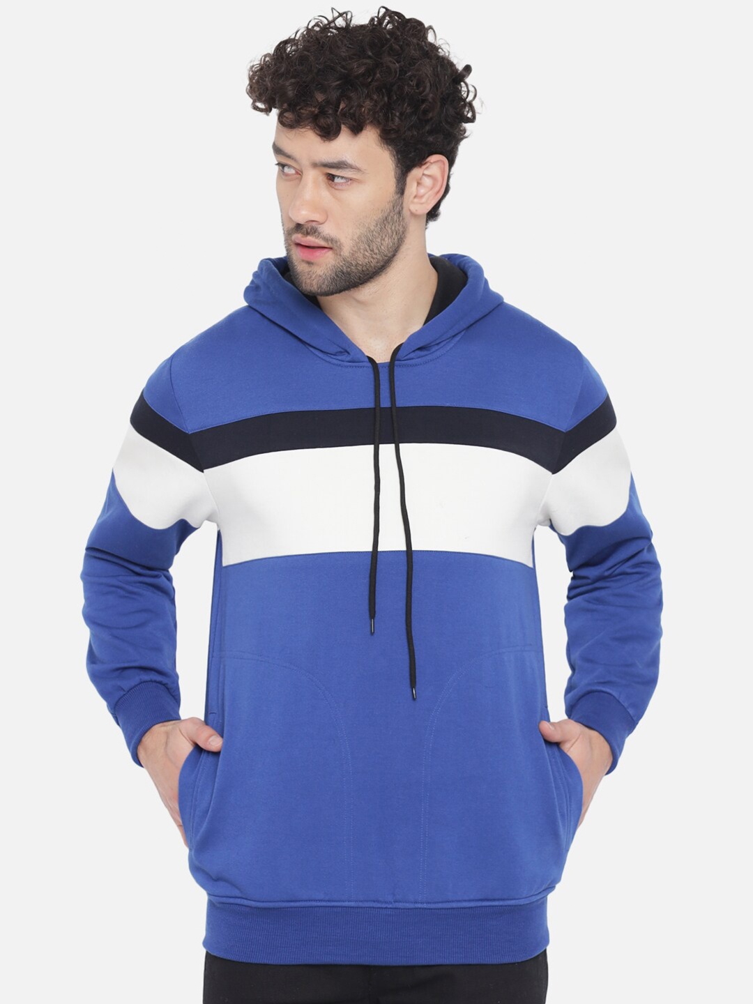 

ahhaaaa Men Blue Colourblocked Hooded Sweatshirt