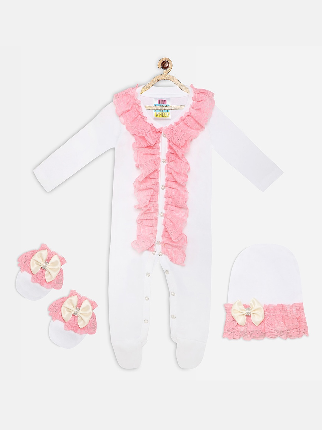 

TINY MINY ME Girls White & Pink Lace Bow Sleepsuit Set
