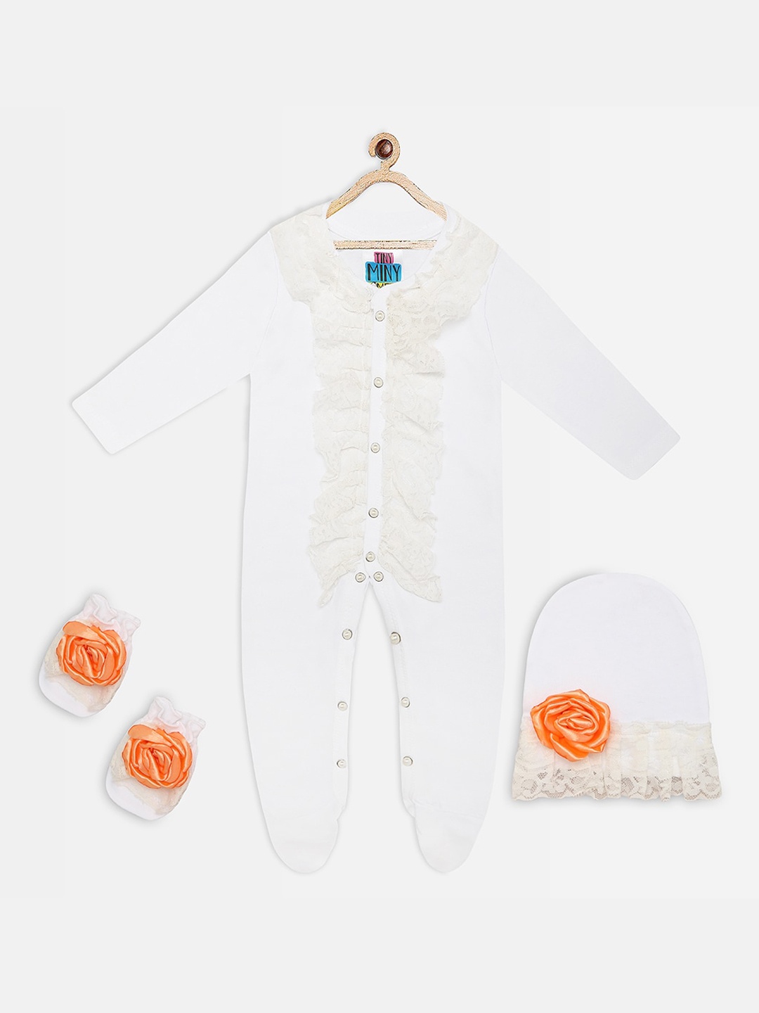 

TINY MINY ME Girls White Printed Sleepsuit With Beanie