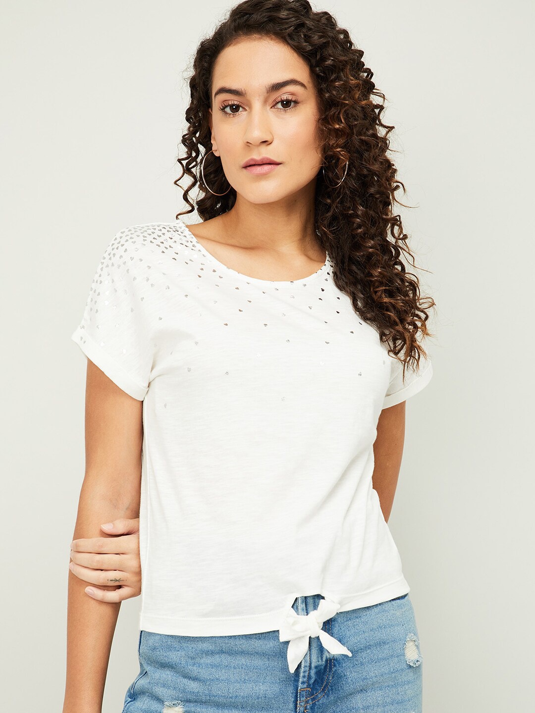 

Fame Forever by Lifestyle White & Silver-Toned Print Pure Cotton Top
