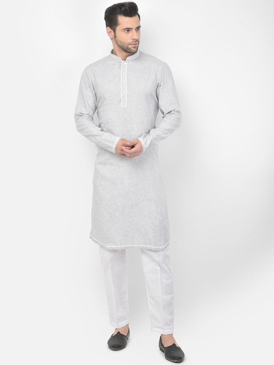 DEYANN Men Grey & White Pure Cotton Kurta With Pyjamas
