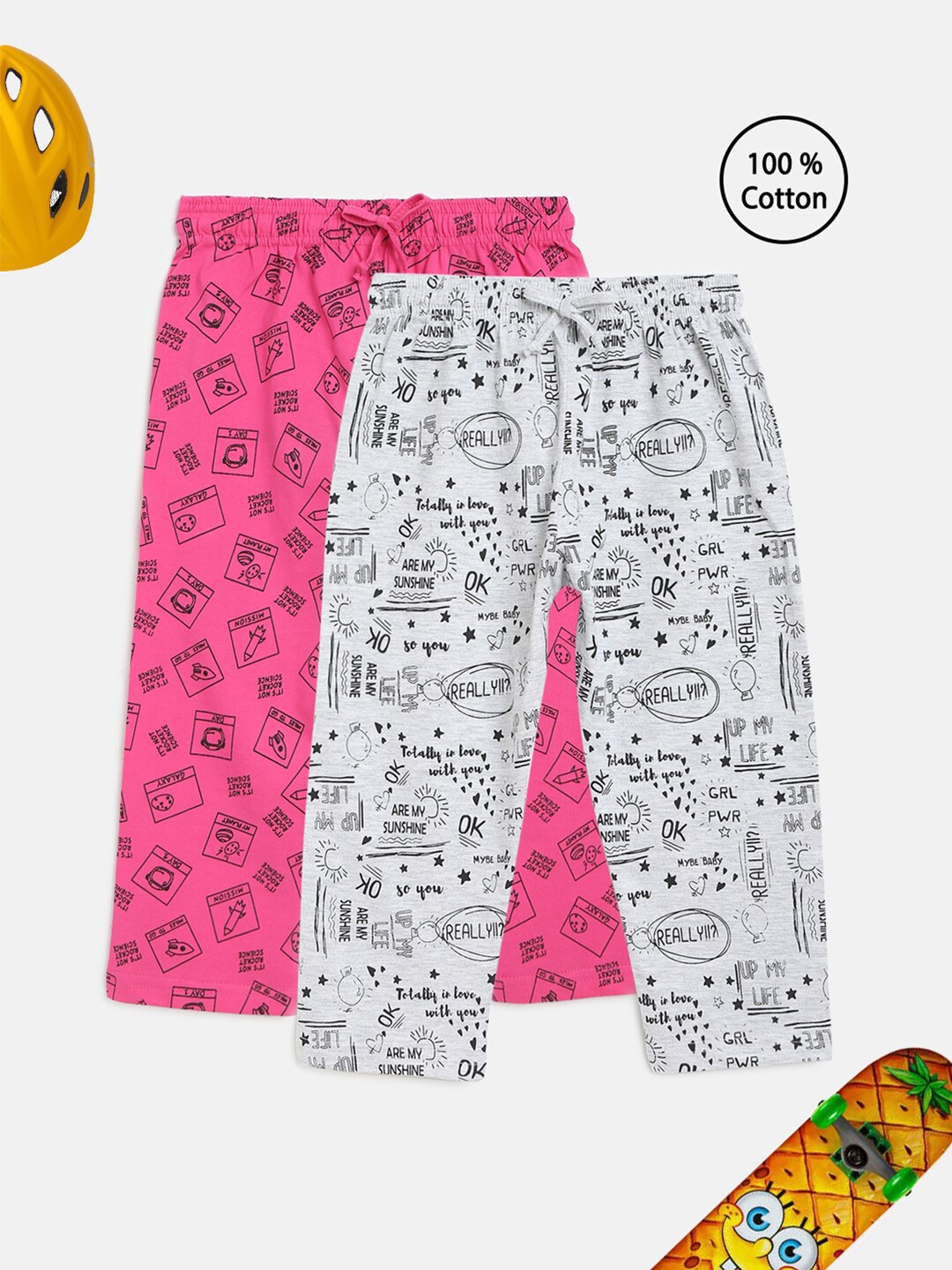 

HOMEGROWN Girls Pack Of 2 Cotton Printed Lounge Capris, Pink