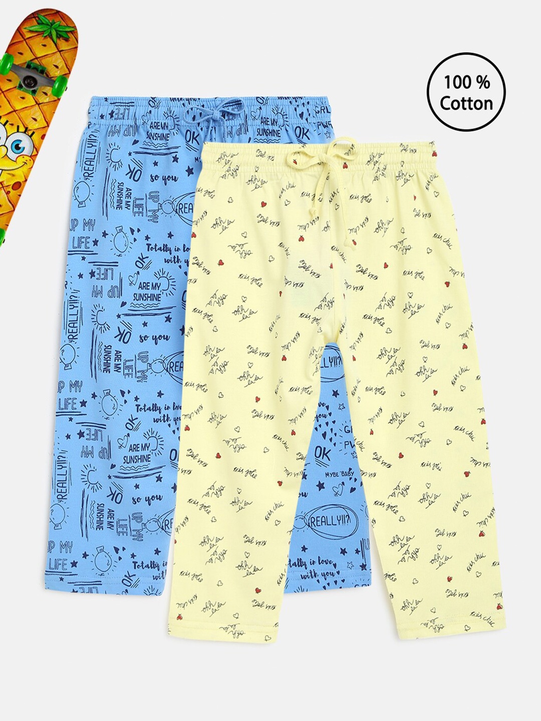 

HOMEGROWN Girls Pack Of 2 Cotton Printed Lounge Capris, Blue