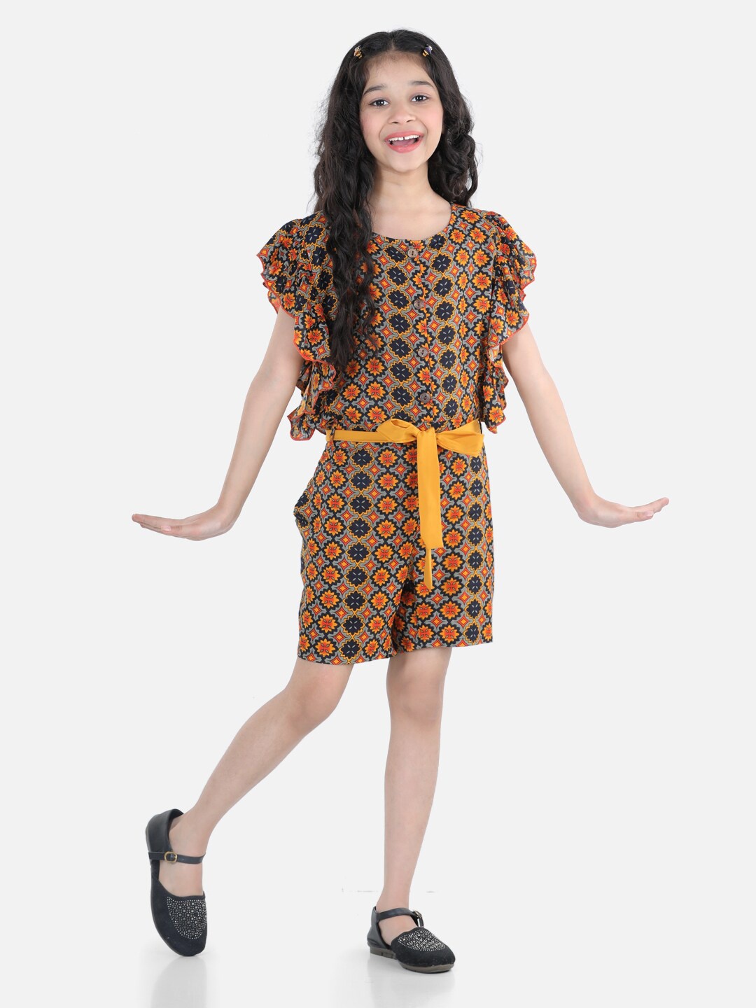 

Cutiekins Girls Brown & Mustard Ethnic Motifs Printed Playsuit