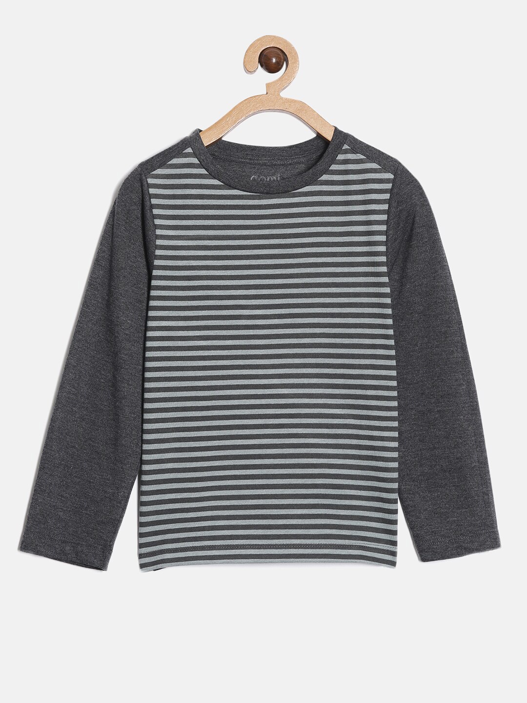 

Aomi Boys Grey Striped Crewneck Fullsleeved T-shirt