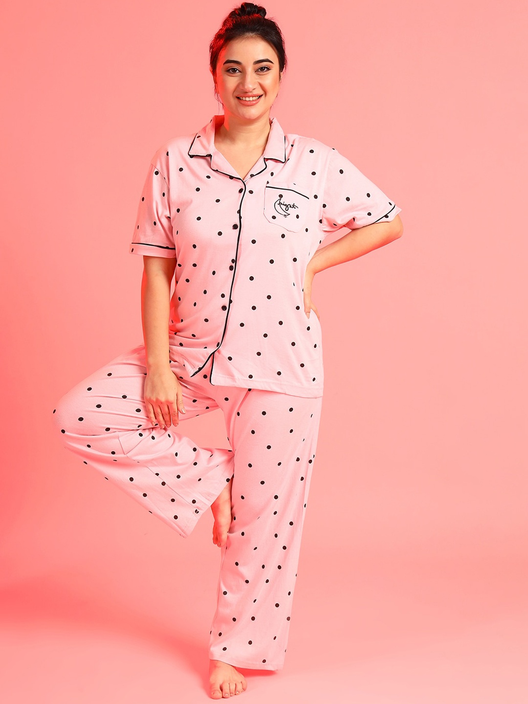 

Instafab Plus Women Pink Polka-Dots Printed Night suit
