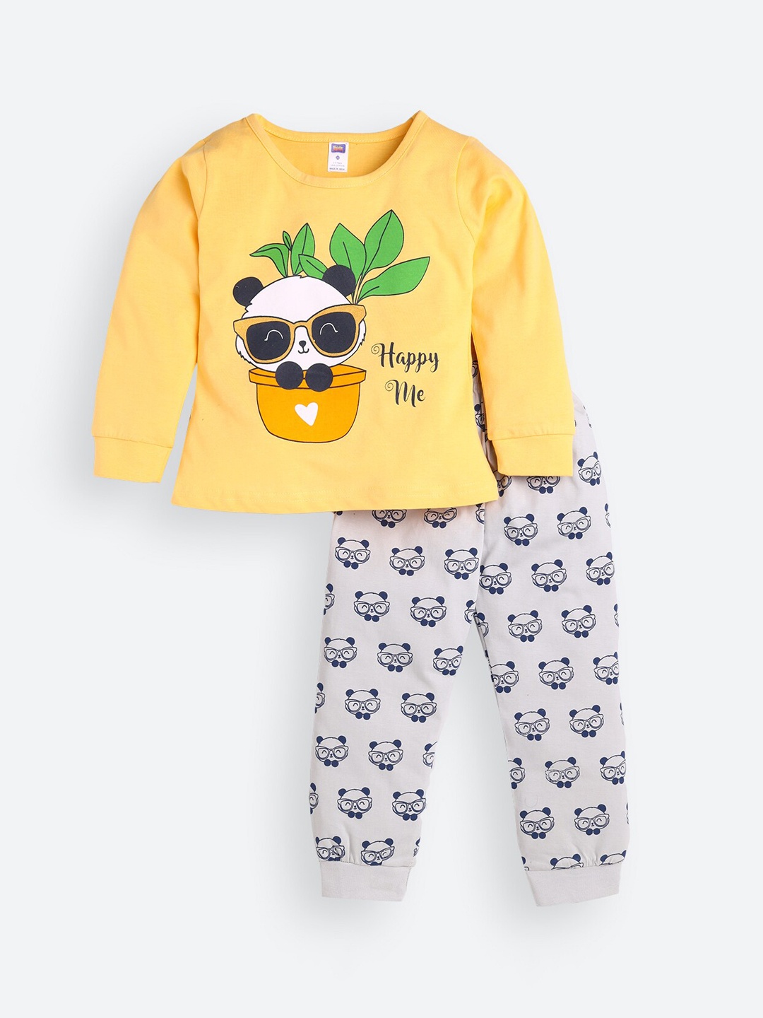 

Nottie Planet Girls Yellow & Grey Panda Printed Full Sleeve Night suit