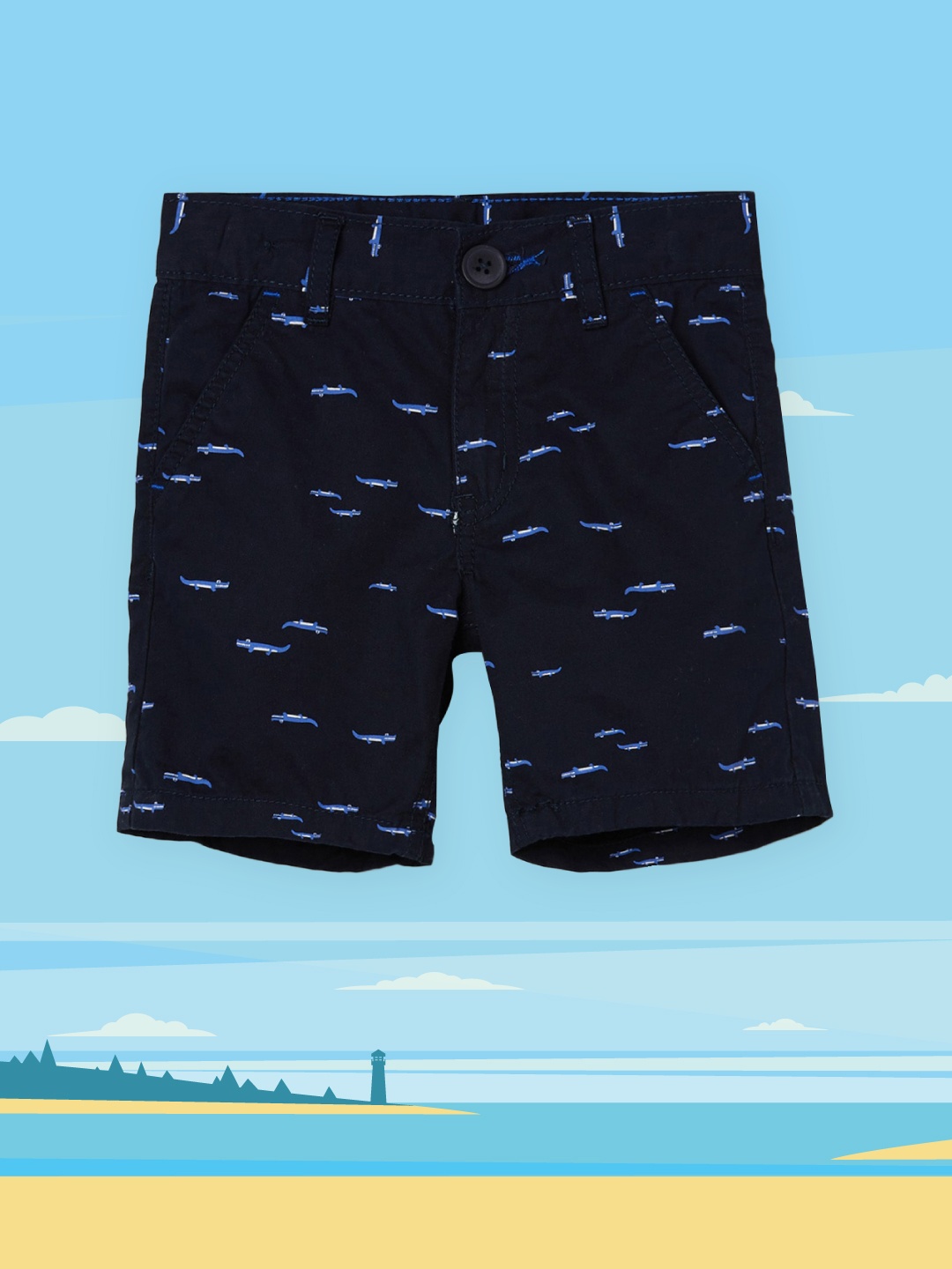 

max Boys Navy Blue & Blue Conversational Printed Pure Cotton Shorts