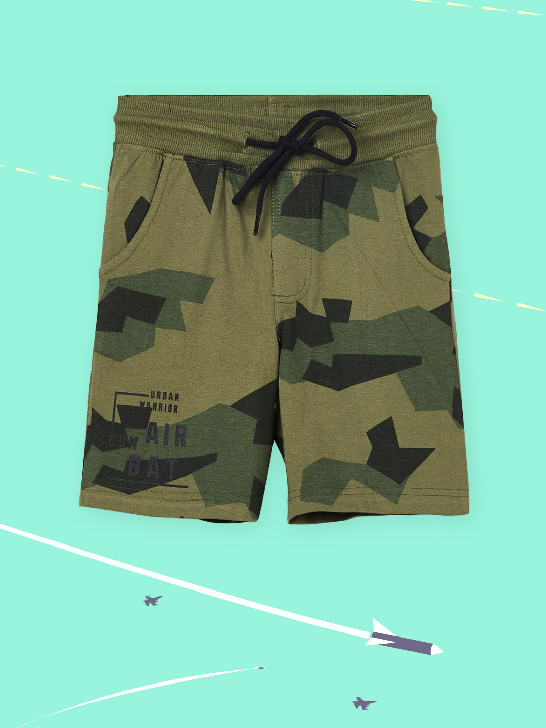 

max Boys Olive Green & Black Camouflage Printed Pure Cotton Shorts