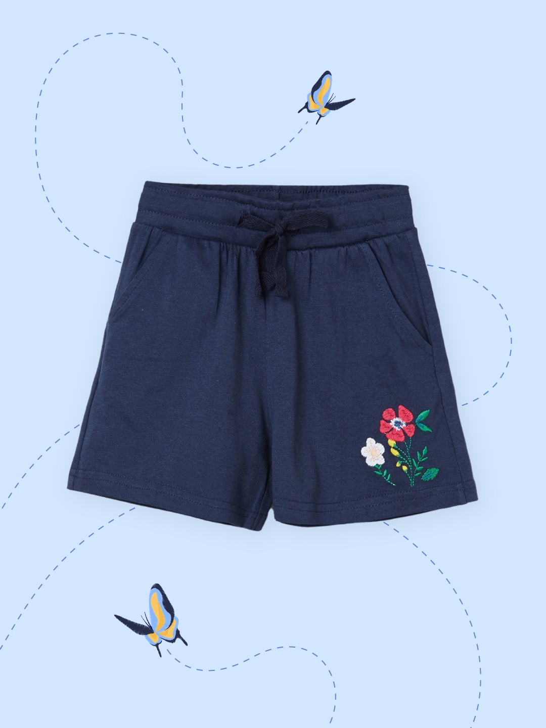 

max Girls Navy Blue Floral Embroidered Pure Cotton Shorts