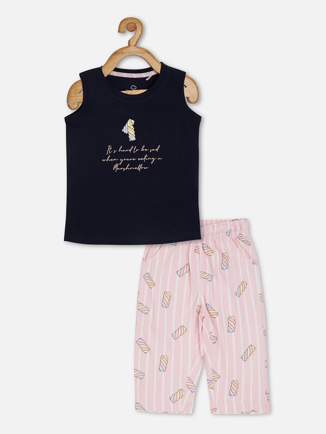 

Sweet Dreams Girls Navy Blue & Pink Marshmallow Printed Night suit