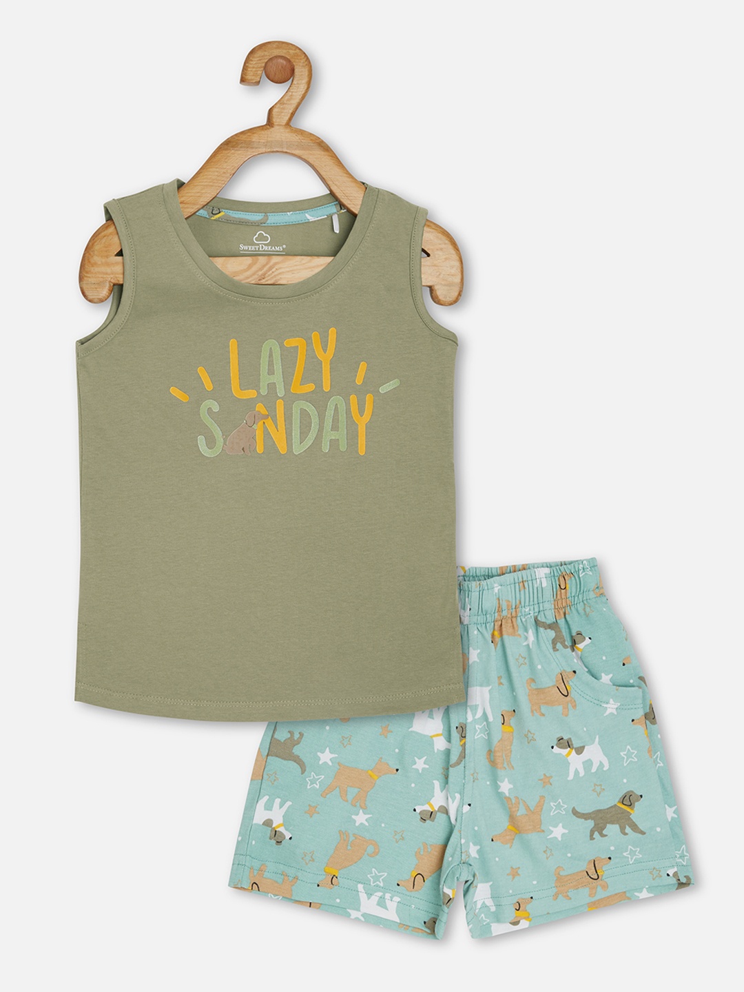 

Sweet Dreams Girls Green & Blue Printed Night suit