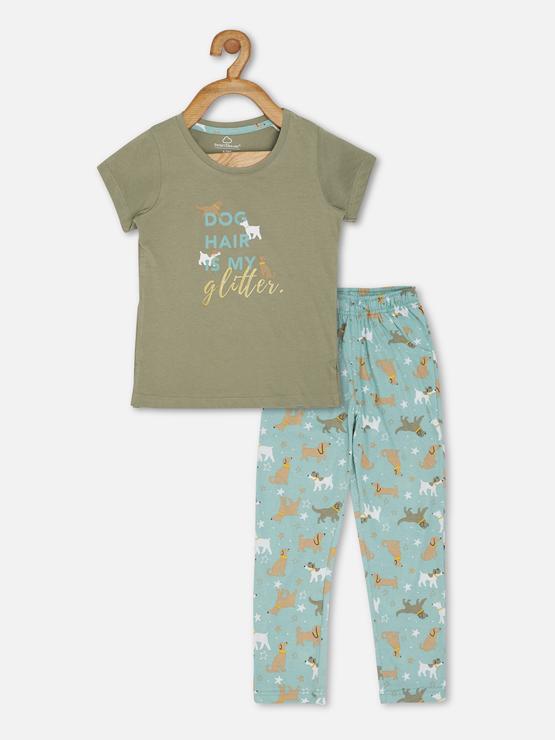 

Sweet Dreams Girls Set of 2 Green Printed Night suits