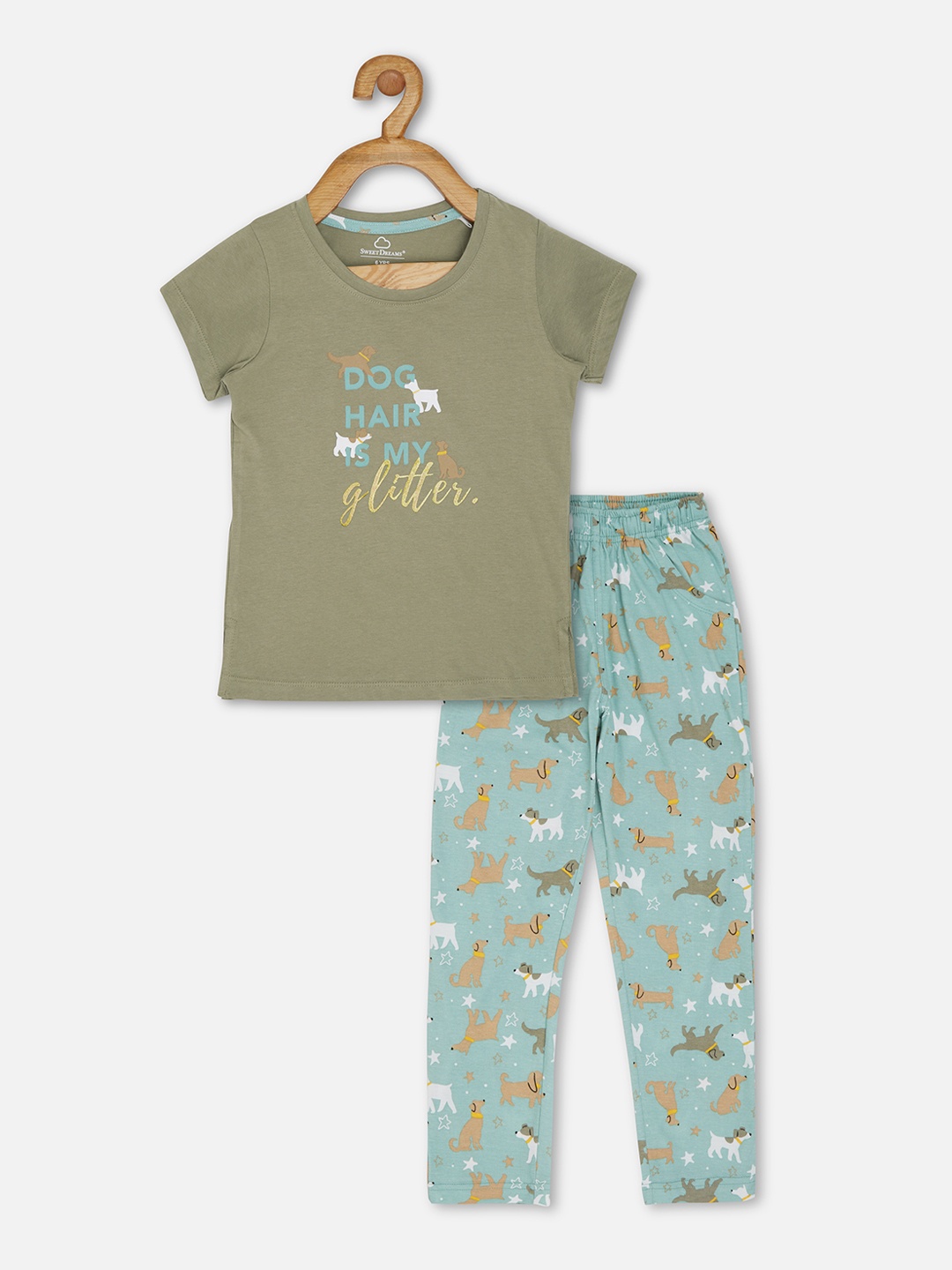 

Sweet Dreams Girls Green & Blue Printed Cotton Night suit