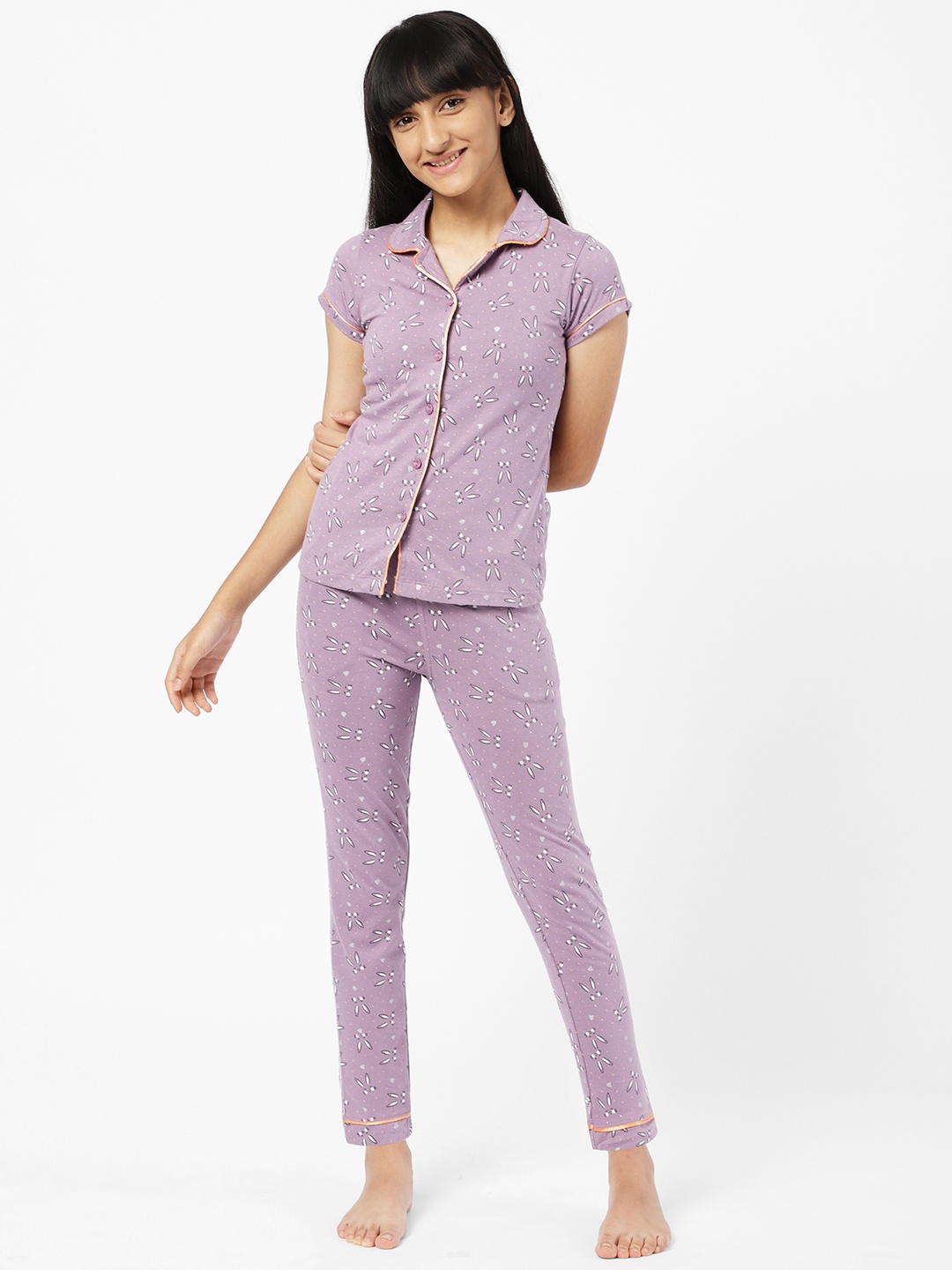 

Sweet Dreams Girls Purple & White Printed Night Suit