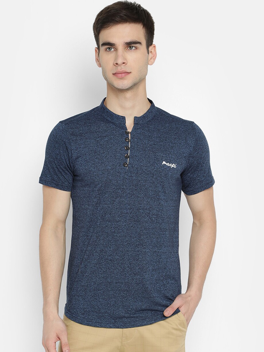 

V2 Value & Variety Men Navy Blue Mandarin Collar T-shirt