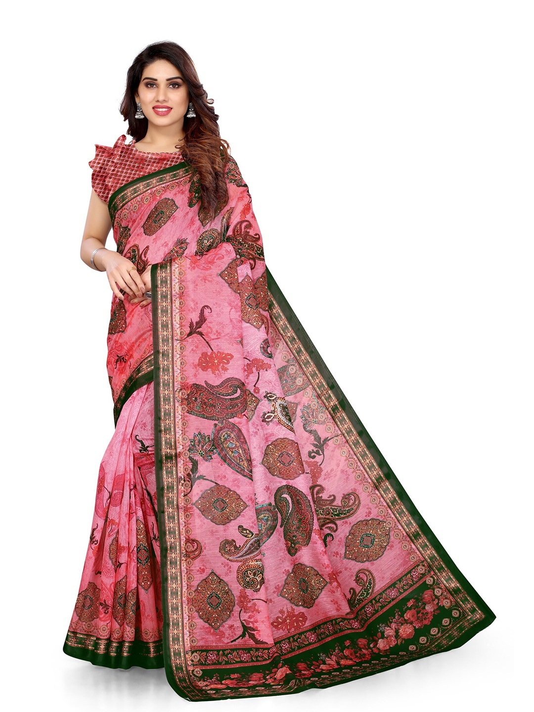 

KALINI Pink & Multi-coloured Paisley Saree