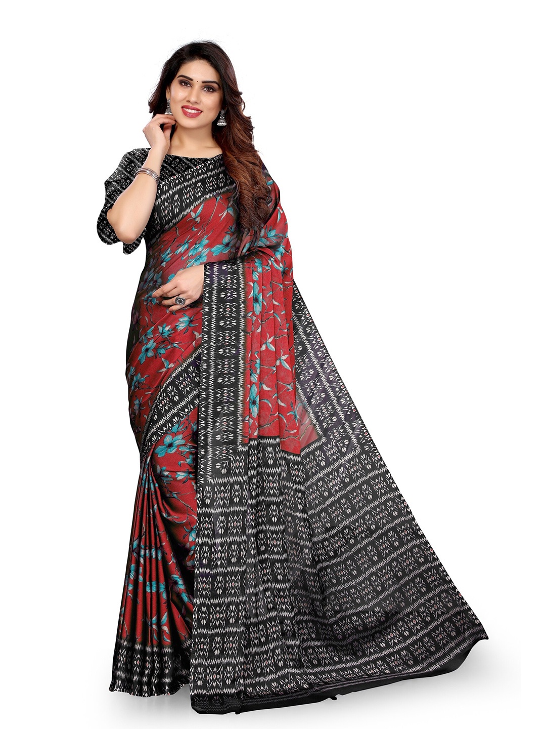 

KALINI Red & Black Floral Bagh Saree