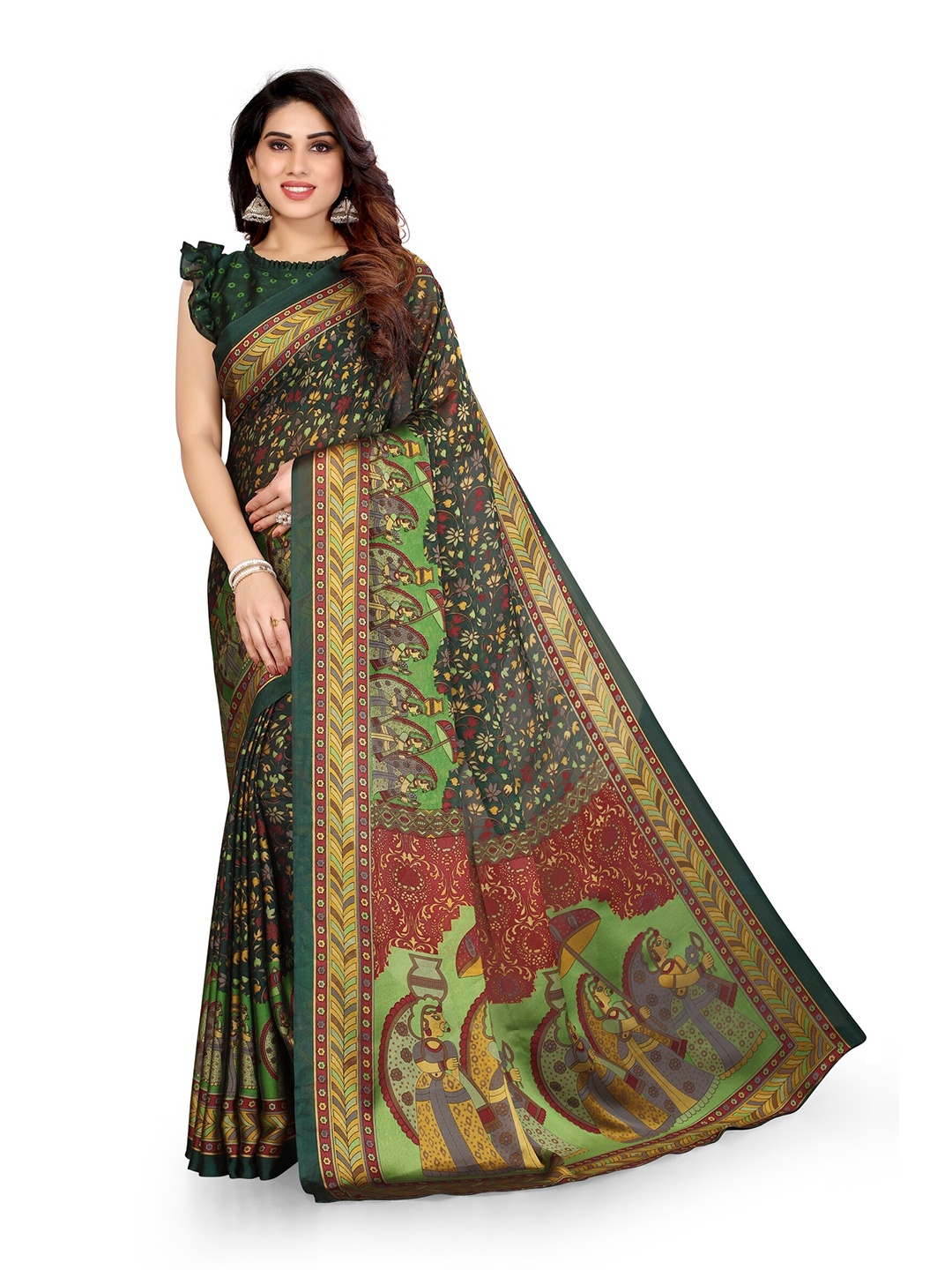 

KALINI Women Green & Multicoloured Floral Printed Chiffon Bagh Saree