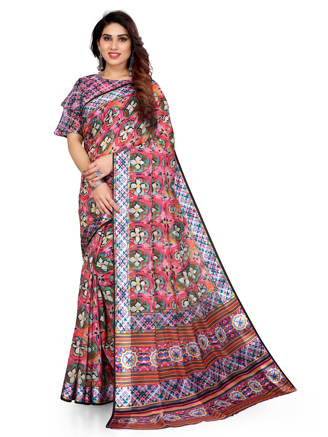 

KALINI Women Pink & Green Poly Cotton Floral Bagh Designer Saree