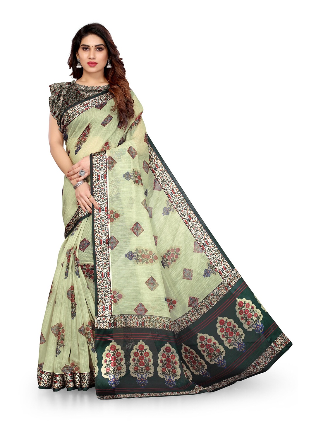 

KALINI Pista Green & Black Ethnic Motifs Printed Polycotton Bagh Saree