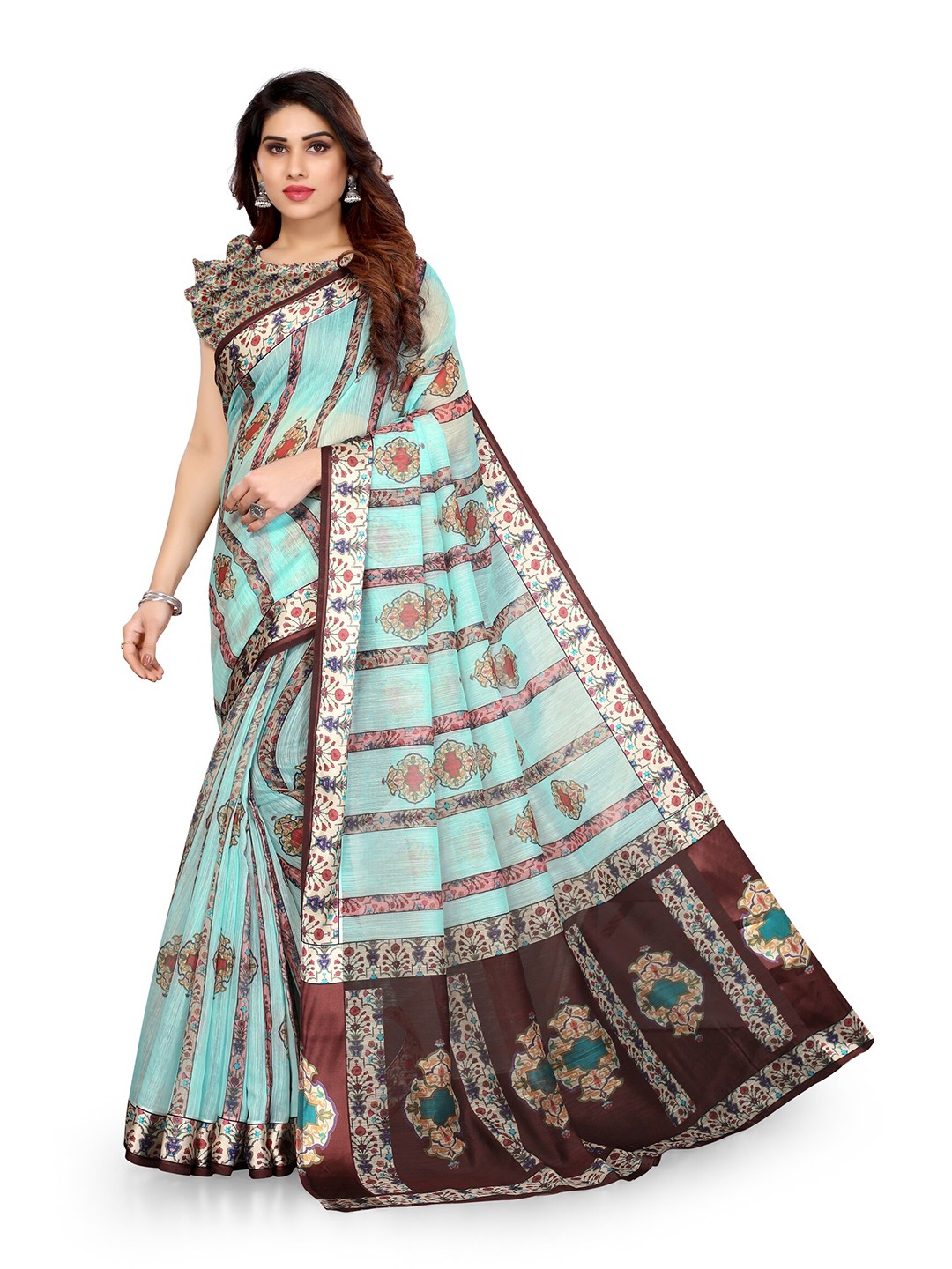 

KALINI Turquoise Blue & Brown Ethnic Motifs Bagh Saree