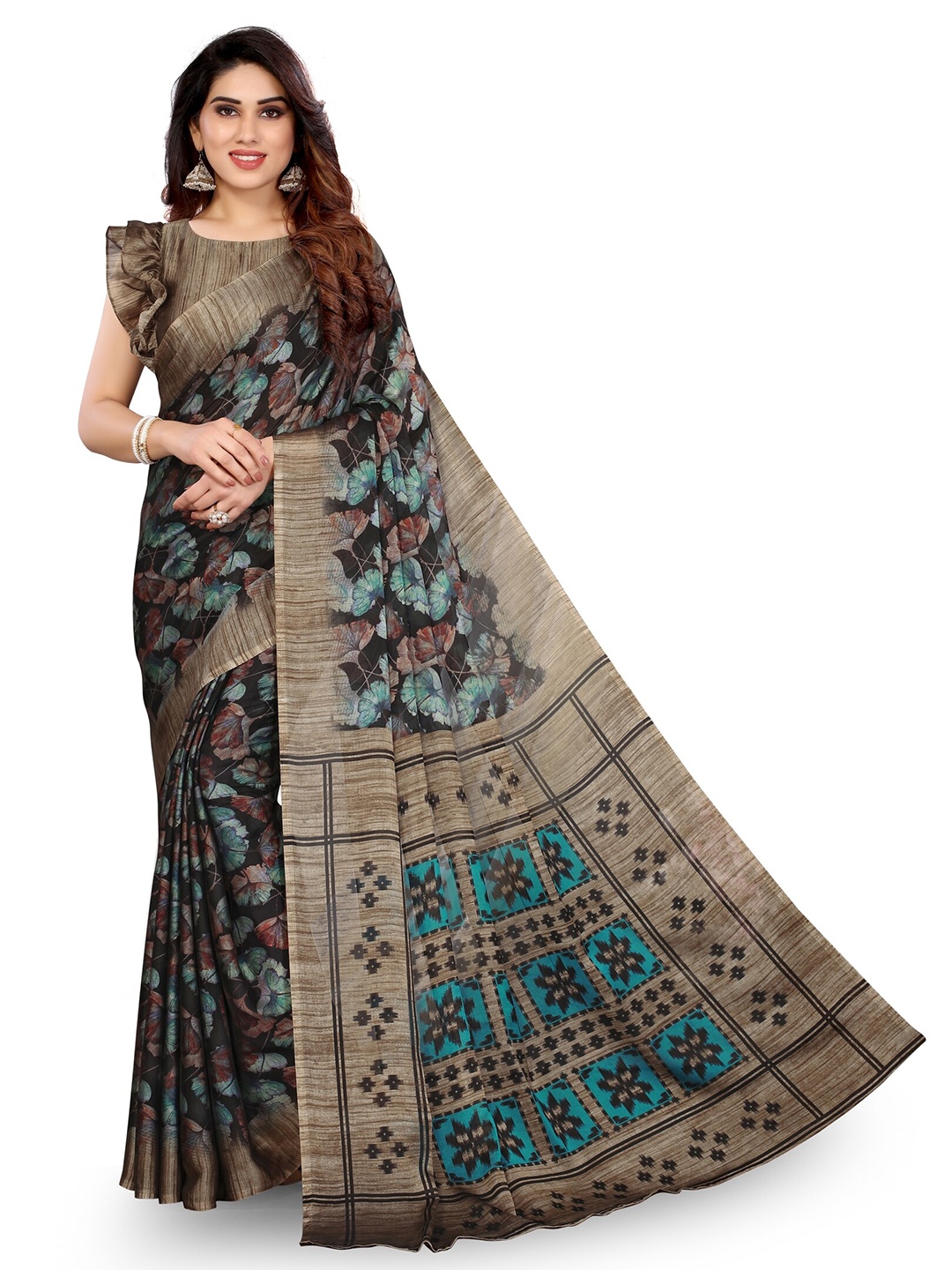 

KALINI Black & Blue Floral Bagh Floral Printed Saree