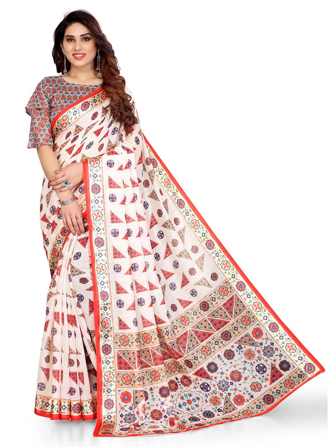 

KALINI Off White & Red Abstract Block Print Saree