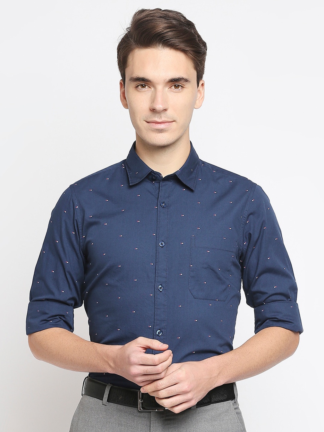 

Solemio Men Navy Blue Printed Formal Shirt
