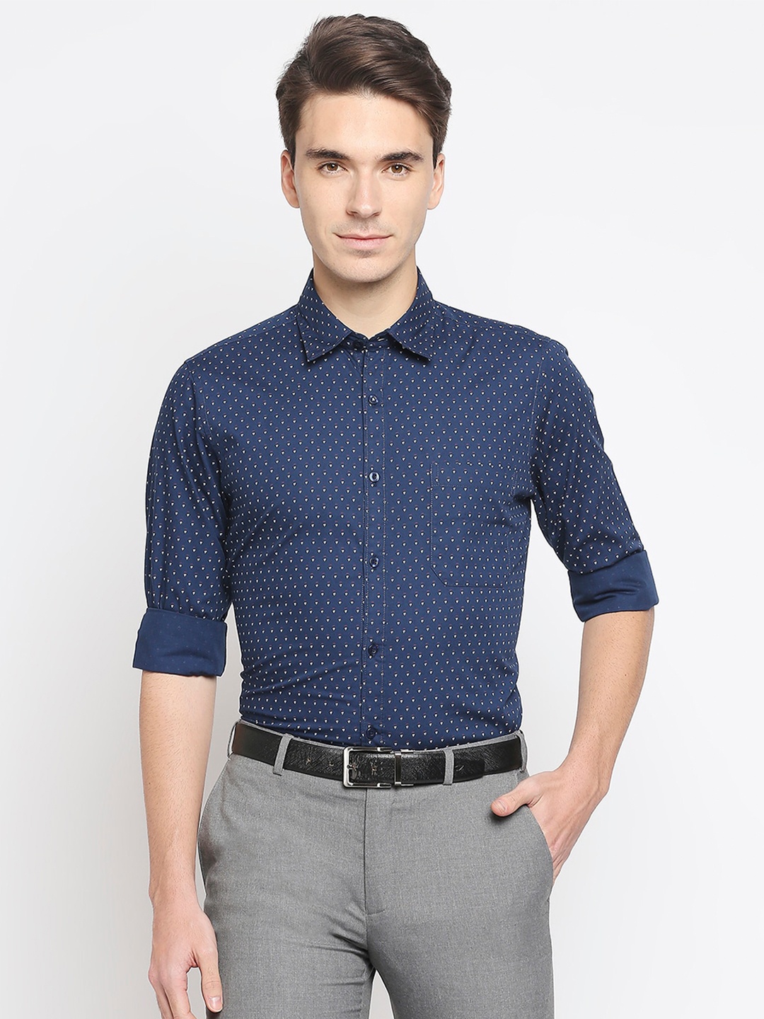 

Solemio Men Navy Blue Printed Formal Shirt
