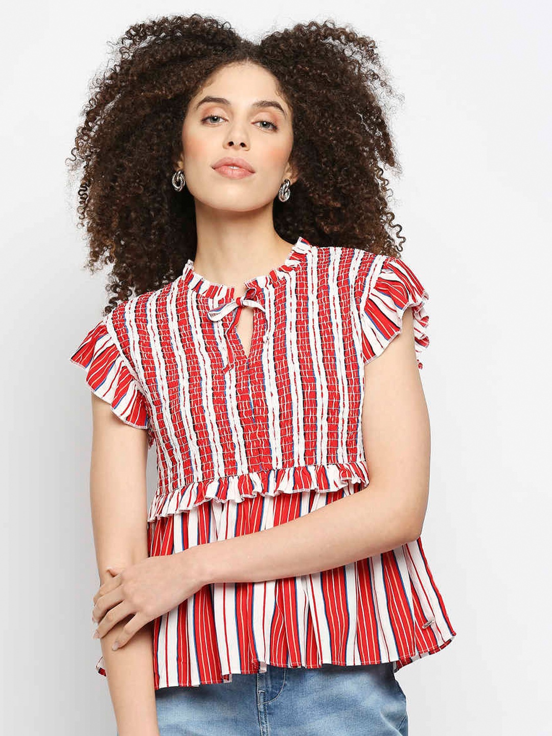 

Pepe Jeans Red Striped Mandarin Collar Top With Ruffles & Smocking