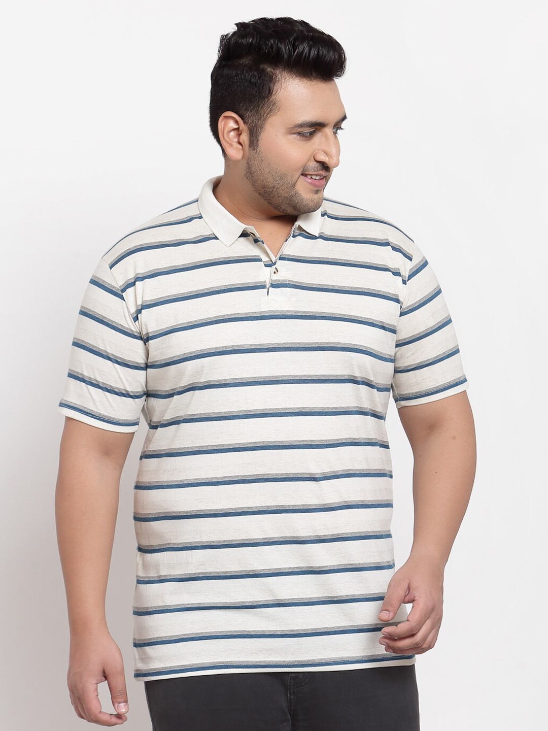

plusS Men Plus Size White & Blue Striped Polo Collar Pure Cotton T-shirt