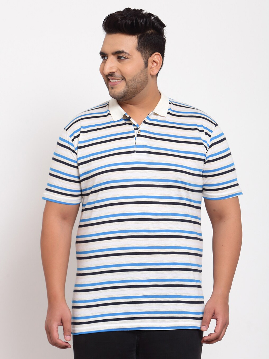 

plusS Men Plus Size White & Blue Striped Polo Collar Pure Cotton T-shirt