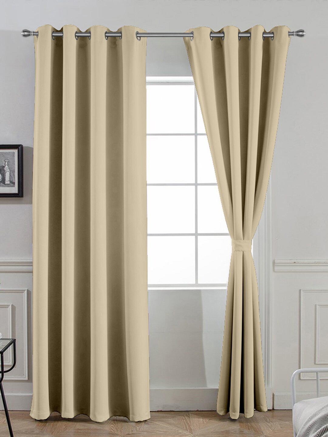 

Divine Casa Beige Set of 2 Solid Super Satin 260 GSM Black Out Door Curtain
