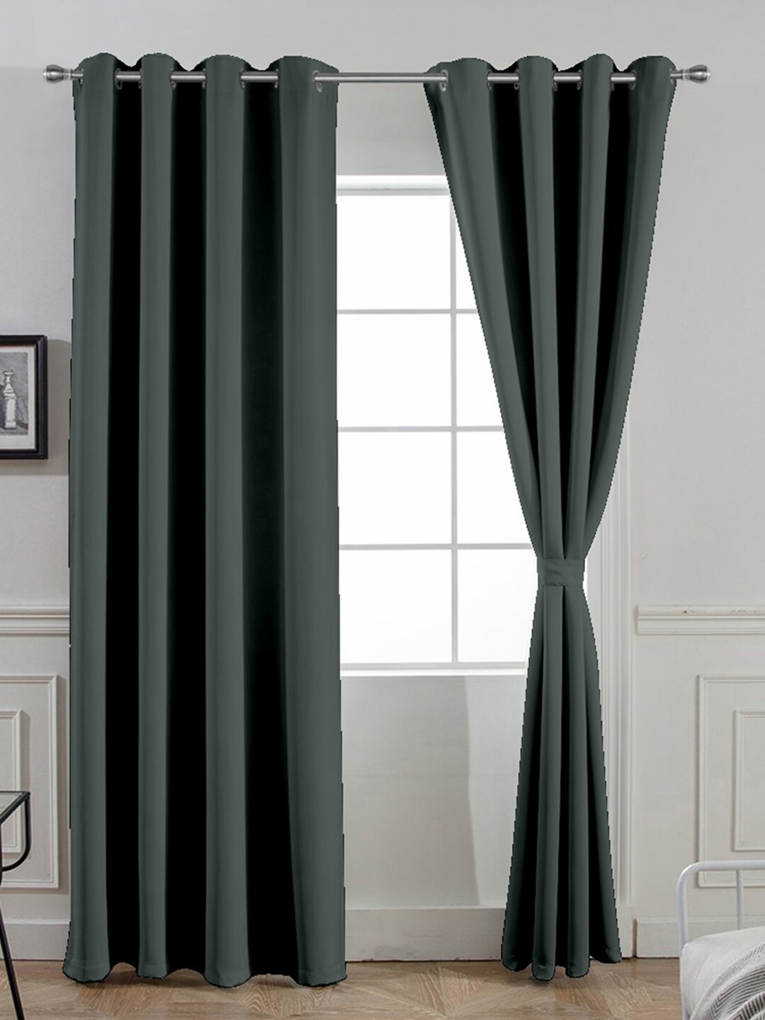 

Divine Casa Dark Grey Solid Super Satin Blackout 7 Ft Set of 2 Black Out Door Curtains