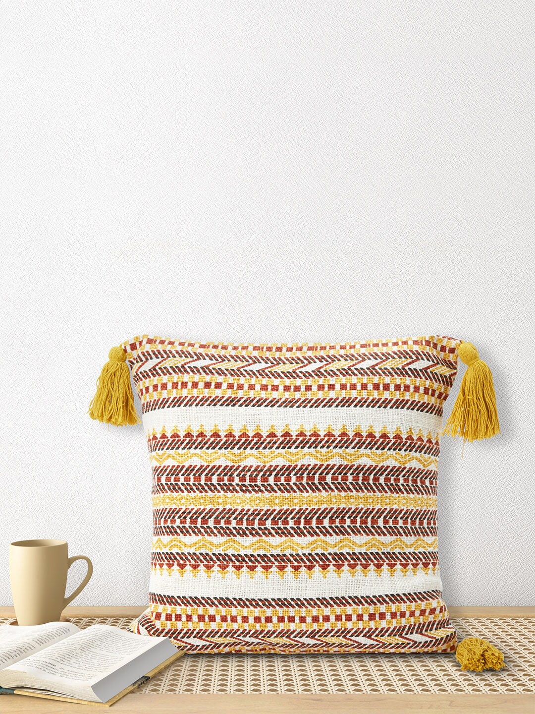 

Living scapes by Pantaloons Mustard & White Ethnic Motifs Square Cushion Covers