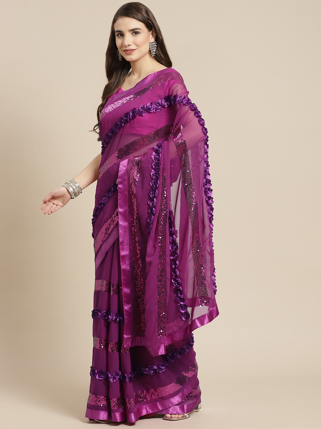 

Ishin Magenta Floral Embellished Sequinned Detail Pure Georgette Saree