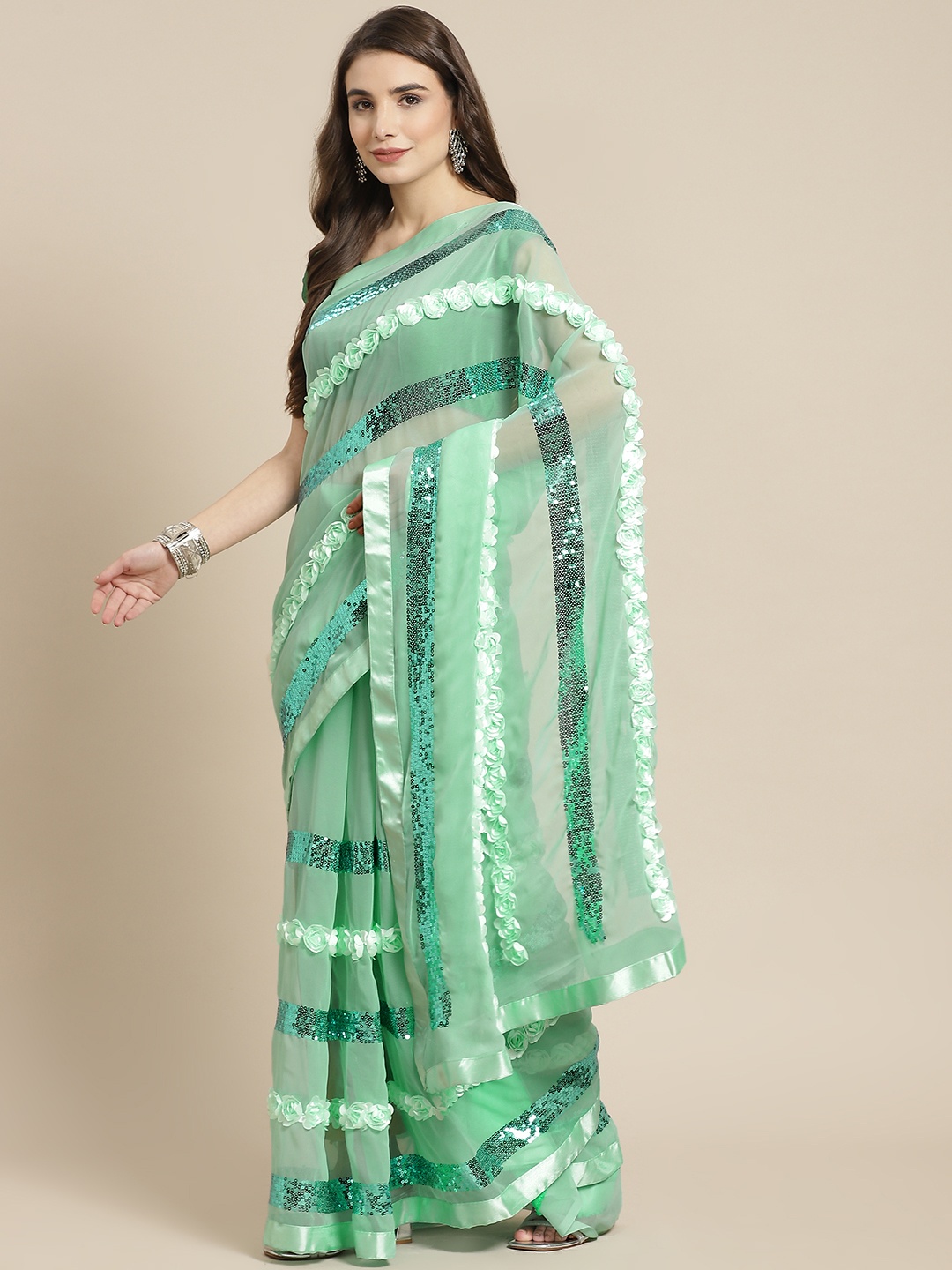 

Ishin Green Floral Sequinned Pure Georgette Saree