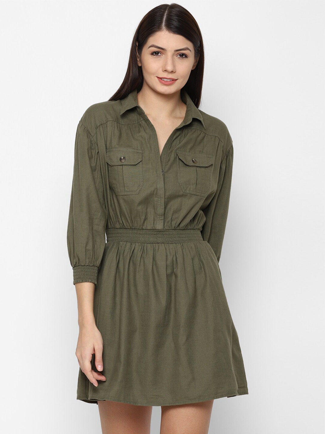

AMERICAN EAGLE OUTFITTERS Olive Green Cotton Solid Shirt Dress