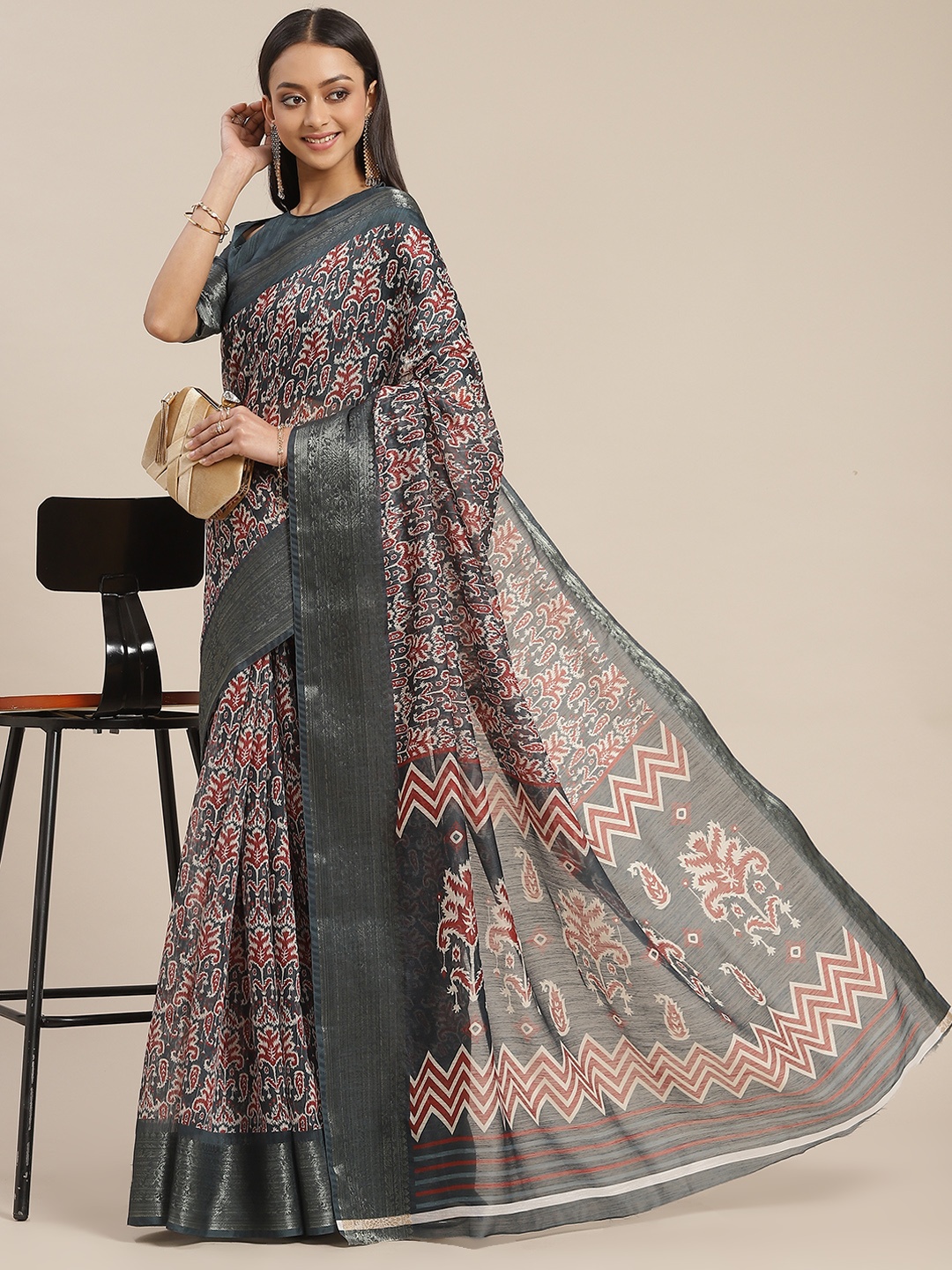 

RAJGRANTH Grey Pure Linen Saree