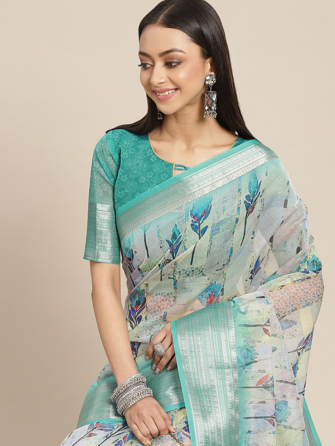 

RAJGRANTH Cream-Coloured & Blue Floral Organza Block Print Saree