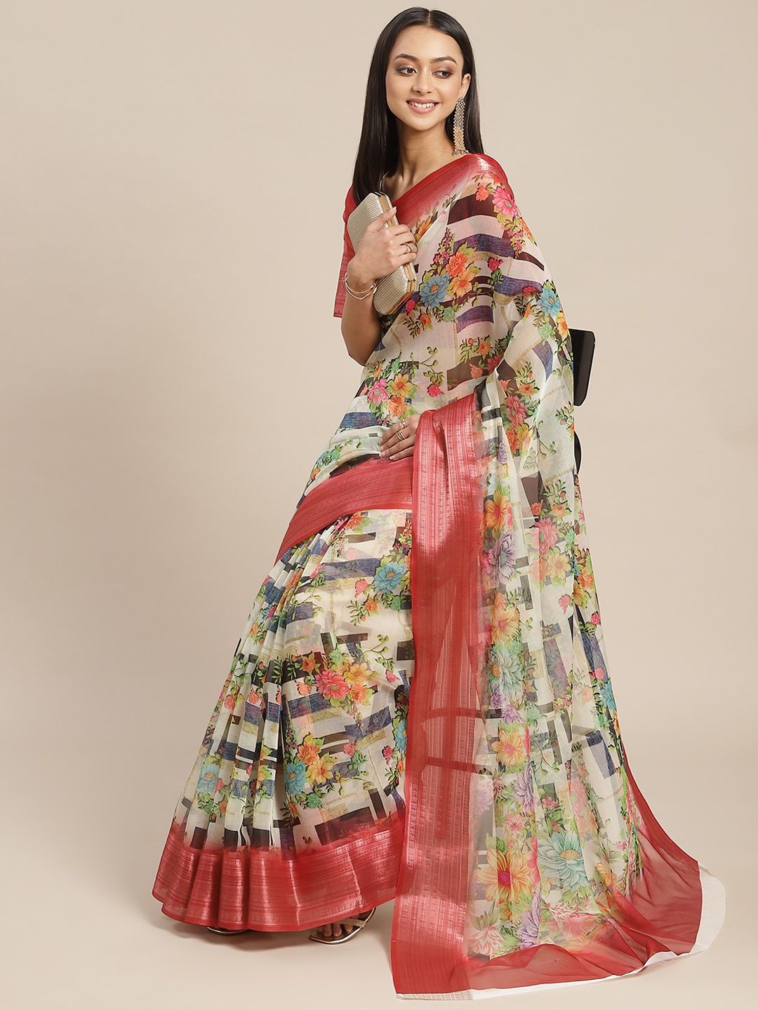 

RAJGRANTH Beige & Red Floral Organza Block Print Saree