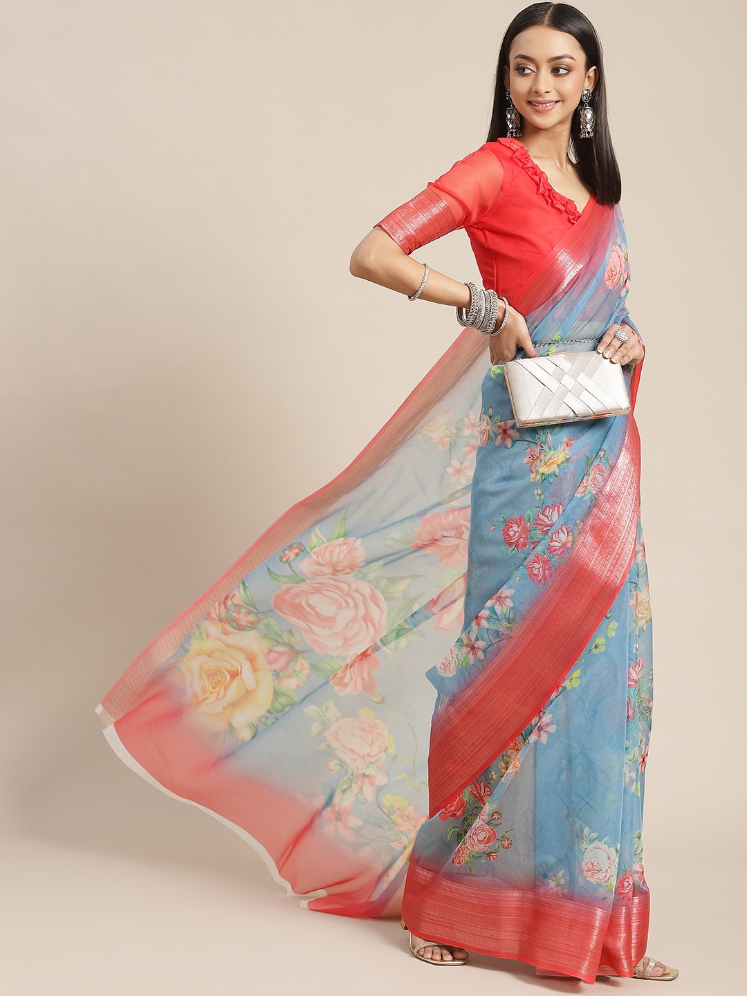 

RAJGRANTH Blue & Red Floral Organza Block Print Saree